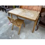 A MID 20TH CENTURY DOUBLE CHILDS DESK AND SINGLE BENTWOOD CHAIR