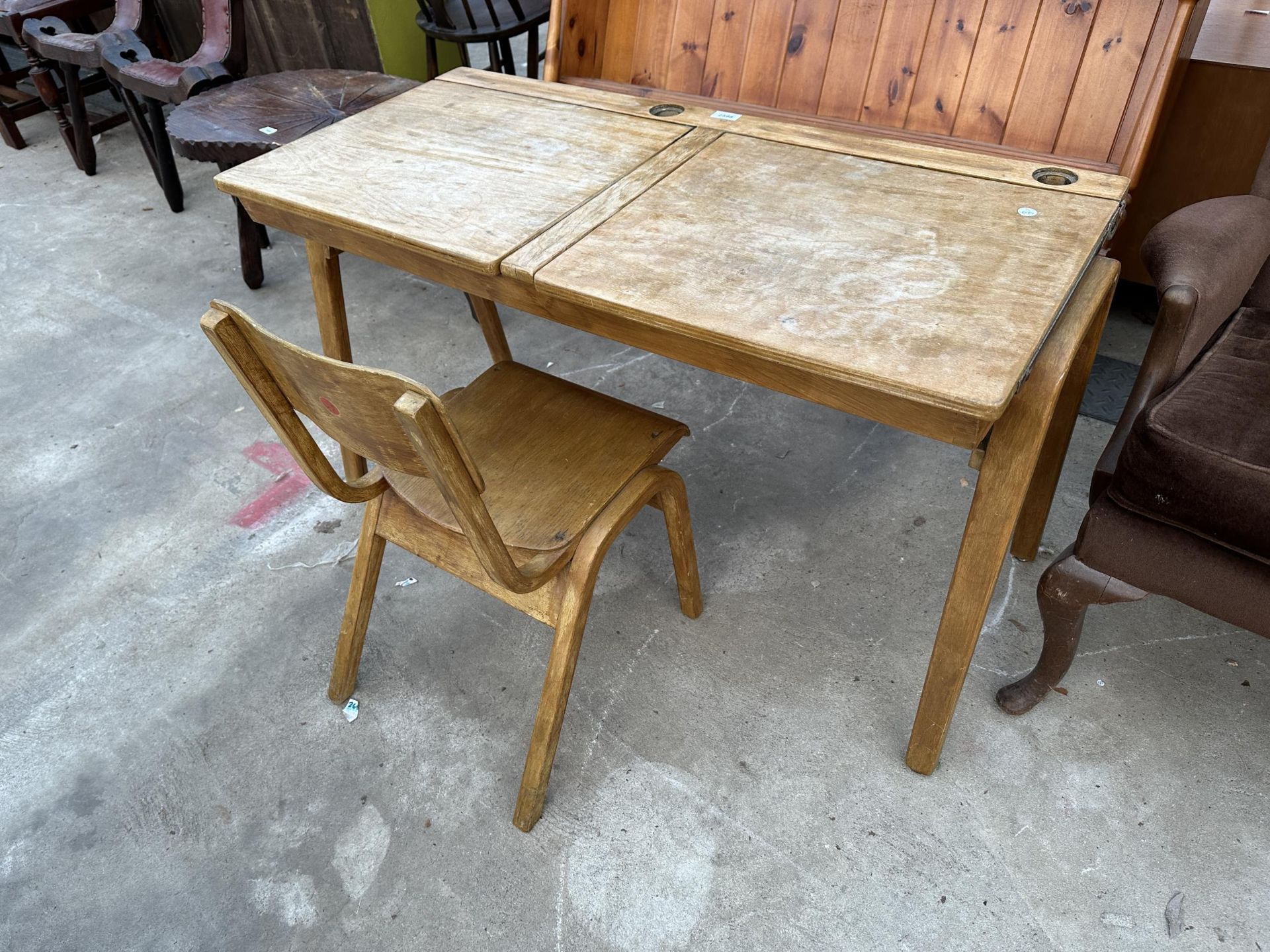 A MID 20TH CENTURY DOUBLE CHILDS DESK AND SINGLE BENTWOOD CHAIR