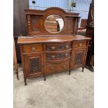 A VICTORIAN MAHOGANY SIDEBOARD WITH LATER OAK MIRROR-BACK, 62" WIDE