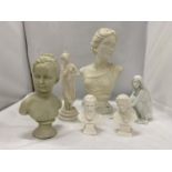 FOUR BUSTS OF FIGURES PLUS TWO LADY FIGURINES