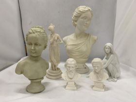 FOUR BUSTS OF FIGURES PLUS TWO LADY FIGURINES