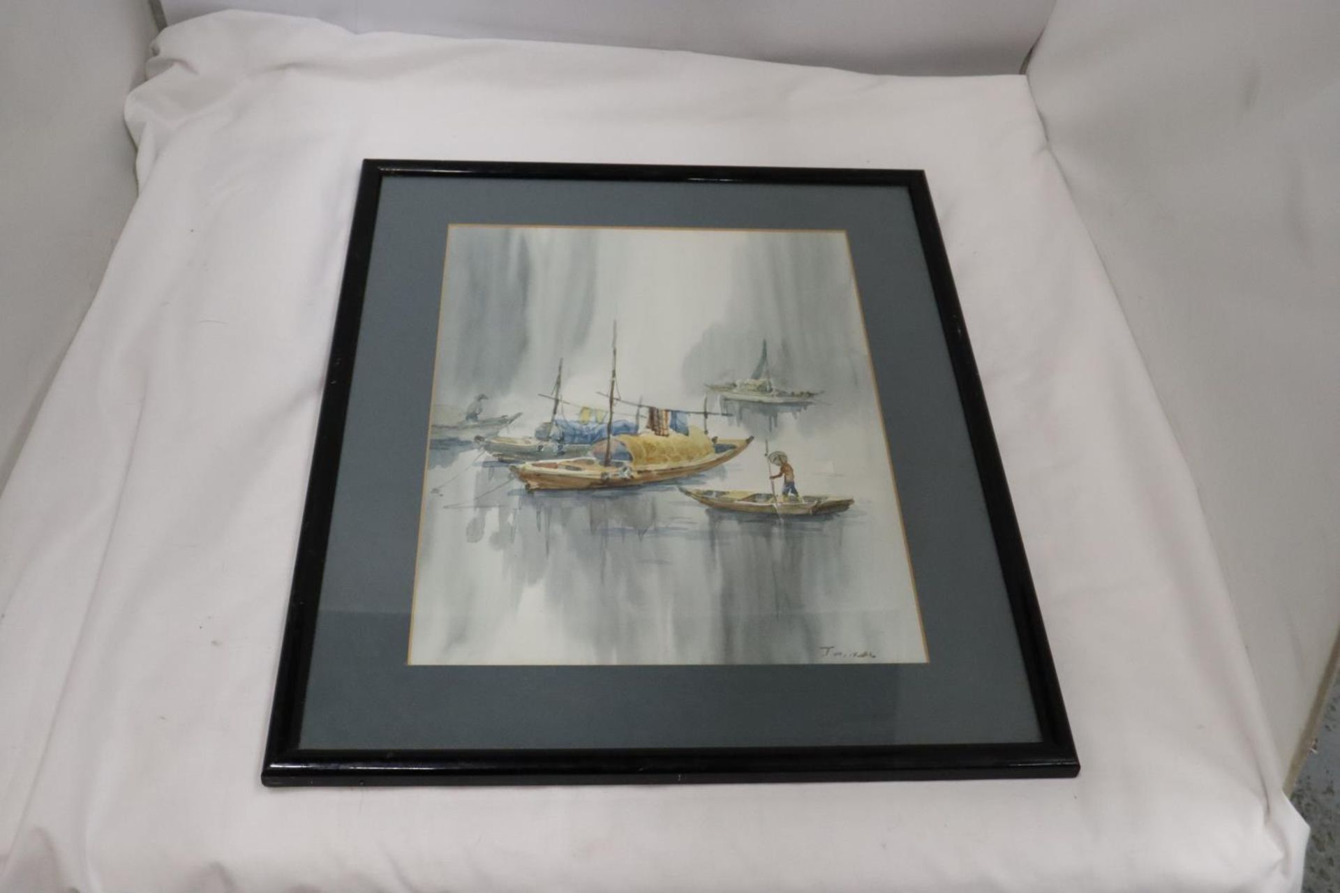 TWO FRAMED PRINTS ONE OF A WATERFALL AND AN ORIENTAL OF BOATS - Image 3 of 4