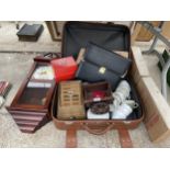 AN ASSORTMENT OF ITEMS TO INCLUDE A WALL CLOCK, CUPS AND A ROMANY CART ETC