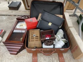 AN ASSORTMENT OF ITEMS TO INCLUDE A WALL CLOCK, CUPS AND A ROMANY CART ETC