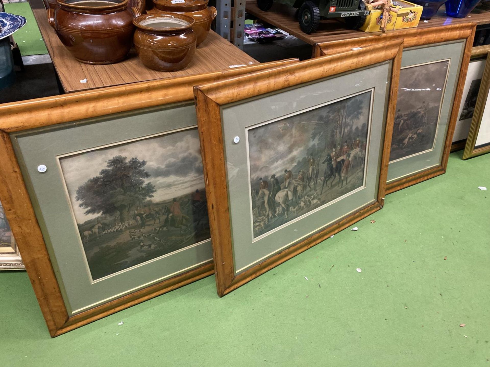 THREE MOUNTED PRINTS DEPICTING HUNTING SCENES