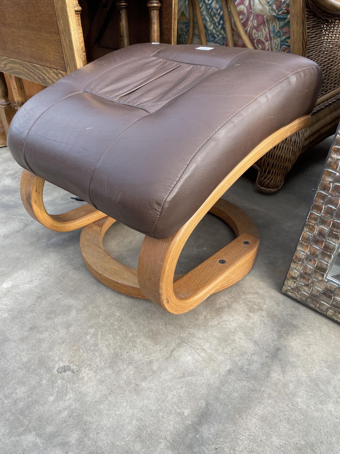 A MODERN FOOTSTOOL ON BENTWOOD FRAME