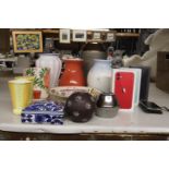 A QUANTITY OF CERAMIC VASES, BOWLS, CANDLE HOLDERS AND EMPTY I-PHONE BOXES