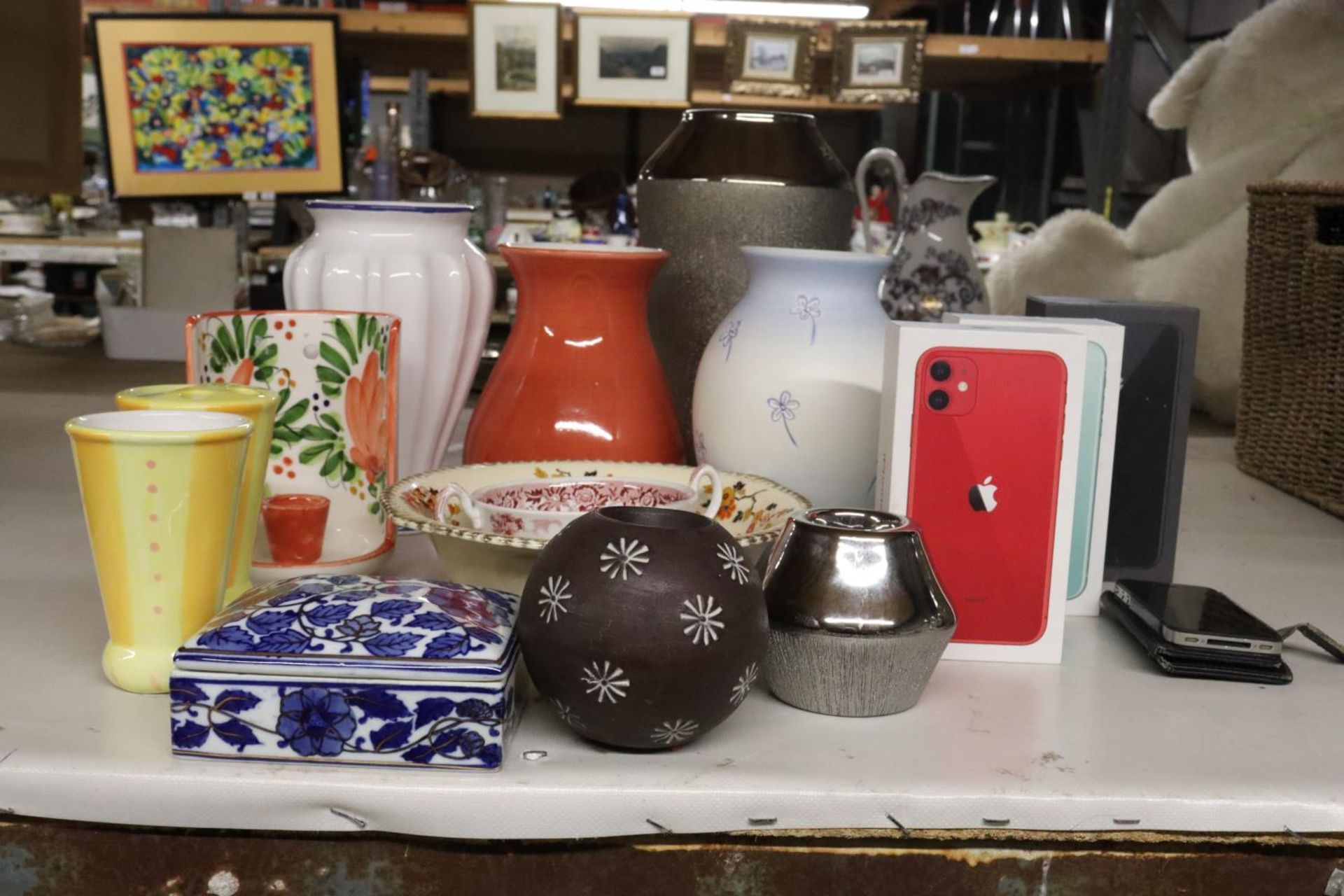 A QUANTITY OF CERAMIC VASES, BOWLS, CANDLE HOLDERS AND EMPTY I-PHONE BOXES