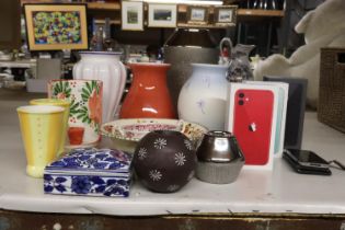A QUANTITY OF CERAMIC VASES, BOWLS, CANDLE HOLDERS AND EMPTY I-PHONE BOXES