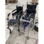 AN ASSORTMENT OF MOBILITY AIDS TO INCLUDE TWO WHEEL CHAIRS AND WALKING FRAMES ETC