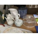 A QUANTITY OF CERAMICS TO INCLUDE A BREAD CROCK, COFFEE POTS, JUG, TUREEN PLUS A CAKE DISH, ETC