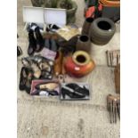 AN ASSORTMENT OF LADIES AND MENS SHOES AND AN ASSORTMENT OF VASES ETC