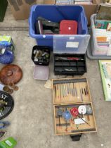 AN ASSORTMENT OF ITEMS TO INCLUDE FISHING FLOATS AND FEEDERS ETC