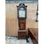 A 19TH CENTURY OAK AND MAHOGANY SHELL INLAID EIGHT DAY LONGCASE CLOCK WITH PAINTED ENAMEL DIAL,