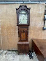 A 19TH CENTURY OAK AND MAHOGANY SHELL INLAID EIGHT DAY LONGCASE CLOCK WITH PAINTED ENAMEL DIAL,