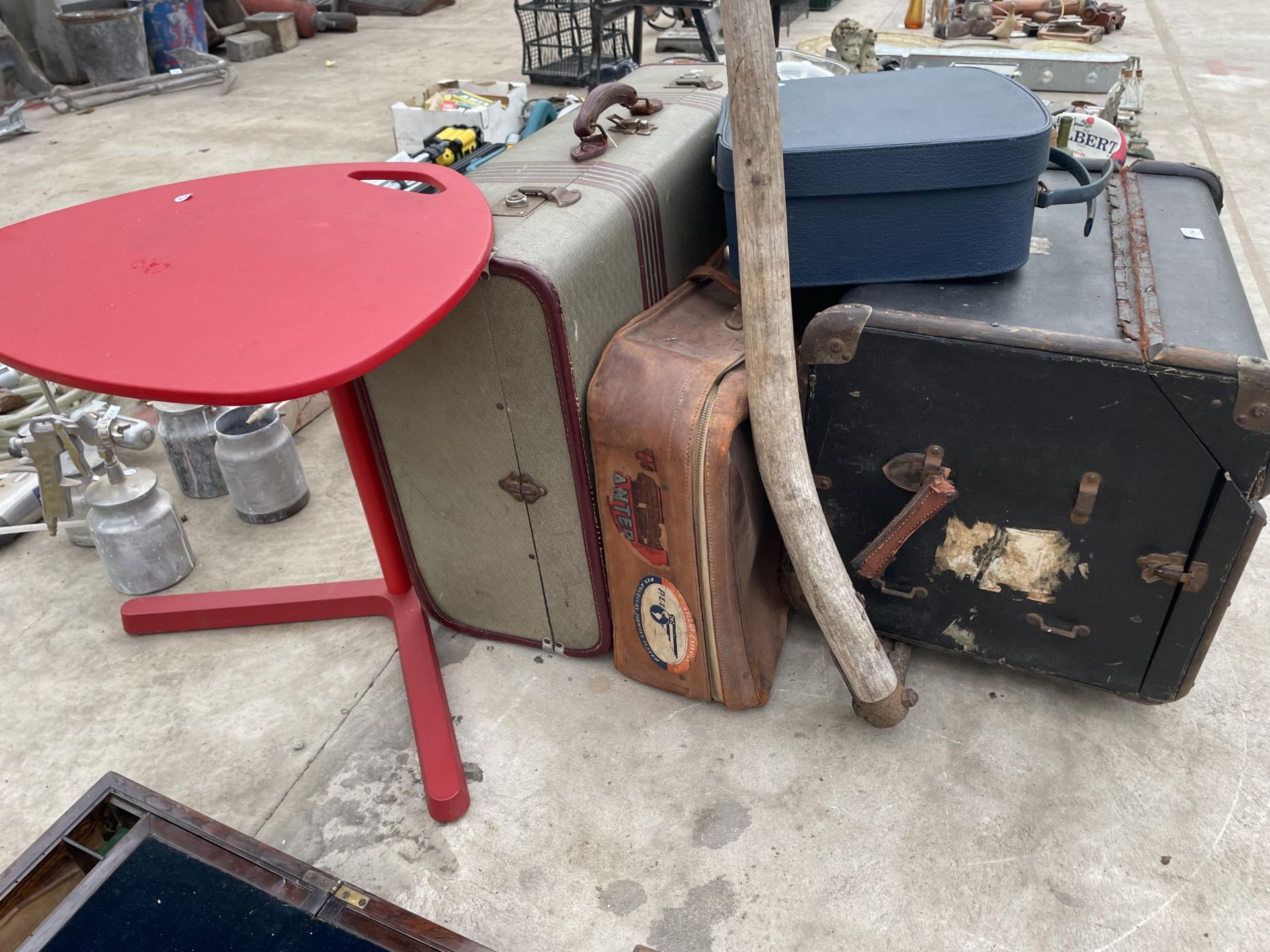 AN ASSORTMENT OF VINTAGE TRAVEL CASES, A TABLE AND A SCYTHE ETC - Image 2 of 2