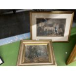 TWO FRAMED PRINTS, ONE OF A FOREST SCENE AND THE OTHER A FARMYARD SCENE