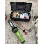 AN ASSORTMENT OF TOOLS AND HARDWARE TO INCLUDE A BATTERY HEDGE TRIMMER AND LIGHT BULBS ETC