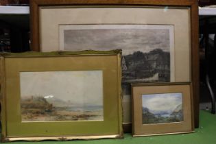 TWO WATERCOLOURS TO INCLUDE A BEACH SCENE, 66CM X 48CM, A LAKELAND SCENE, 37CM X 30CM, PLUS A B W