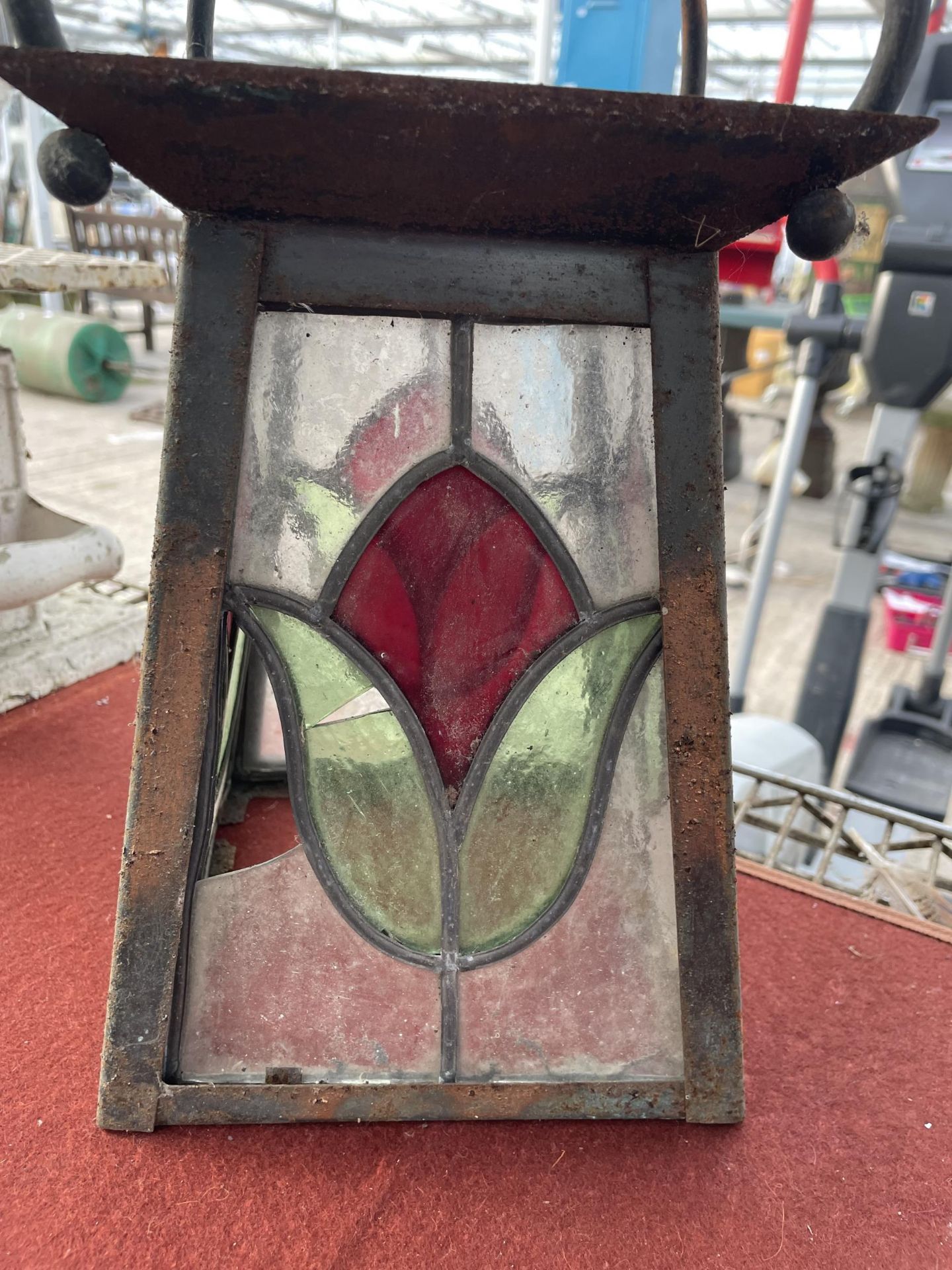 A VINTAGE METAL AND STAIN GLASS CIELING LANTERN - Image 2 of 2