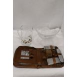 THREE ITEMS TO INCLUDE A GLASS BOWL, DECORATIVE GLASS JUG AND A GENTS TRAVEL CASE