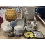 VARIOUS ITEMS TO INCLUDE A LARGE GLASS GOBLET VASE, A GLASS THERMOMETER, CERAMIC ITEMS, LABOUR MEDAL