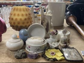 VARIOUS ITEMS TO INCLUDE A LARGE GLASS GOBLET VASE, A GLASS THERMOMETER, CERAMIC ITEMS, LABOUR MEDAL