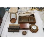 VARIOUS TREEN ITEMS TO INCLUDE A TEA CADDY, PIPE RACK, BOAT, BOWL, STOOL, TRUG ETC