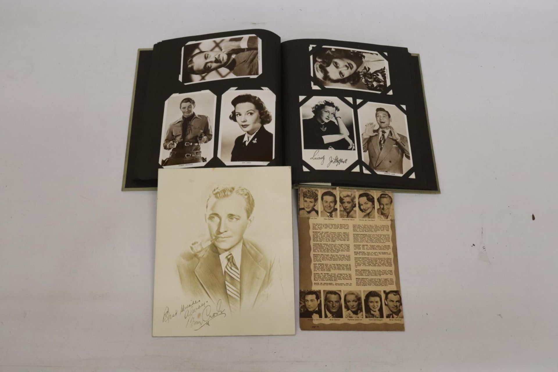 AN ALBUM CONTAINING A COLLECTION OF FILM STARS PICTURES, SOME SIGNED, TO INCLUDE BING CROSBY, LANA - Image 2 of 4