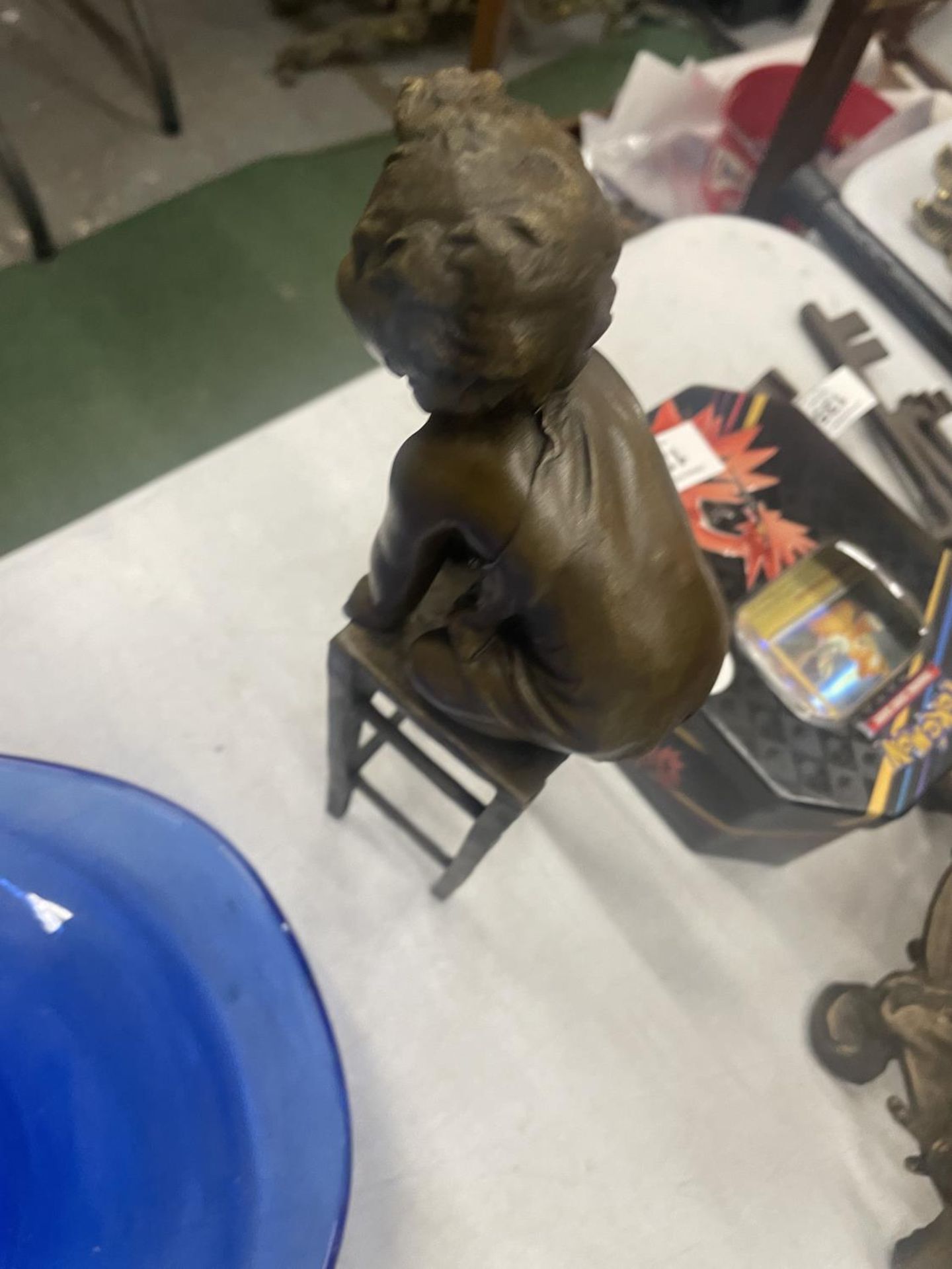 A BRONZE MODEL OF A CHILD KNEELING ON A STOOL SIGNED - Image 3 of 4