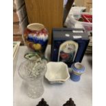 VARIOUS ITEMS TO INCLUDE A BOXED TUPTONWARE CLOCK, MASONS JUG, GLASS VASE, MING ETC