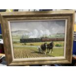 A GERALD BROOM (BORN 1944 AND A MEMBER OF THE GUILD OF RAILWAY ARTISTS) GILT FRAMED OIL ON BOARD