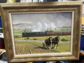 A GERALD BROOM (BORN 1944 AND A MEMBER OF THE GUILD OF RAILWAY ARTISTS) GILT FRAMED OIL ON BOARD