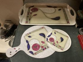 THREE CHARLES RENNIE McINTOSH PATTERNED CHEESEBOARD, TRAY AND TEAPOT STAND