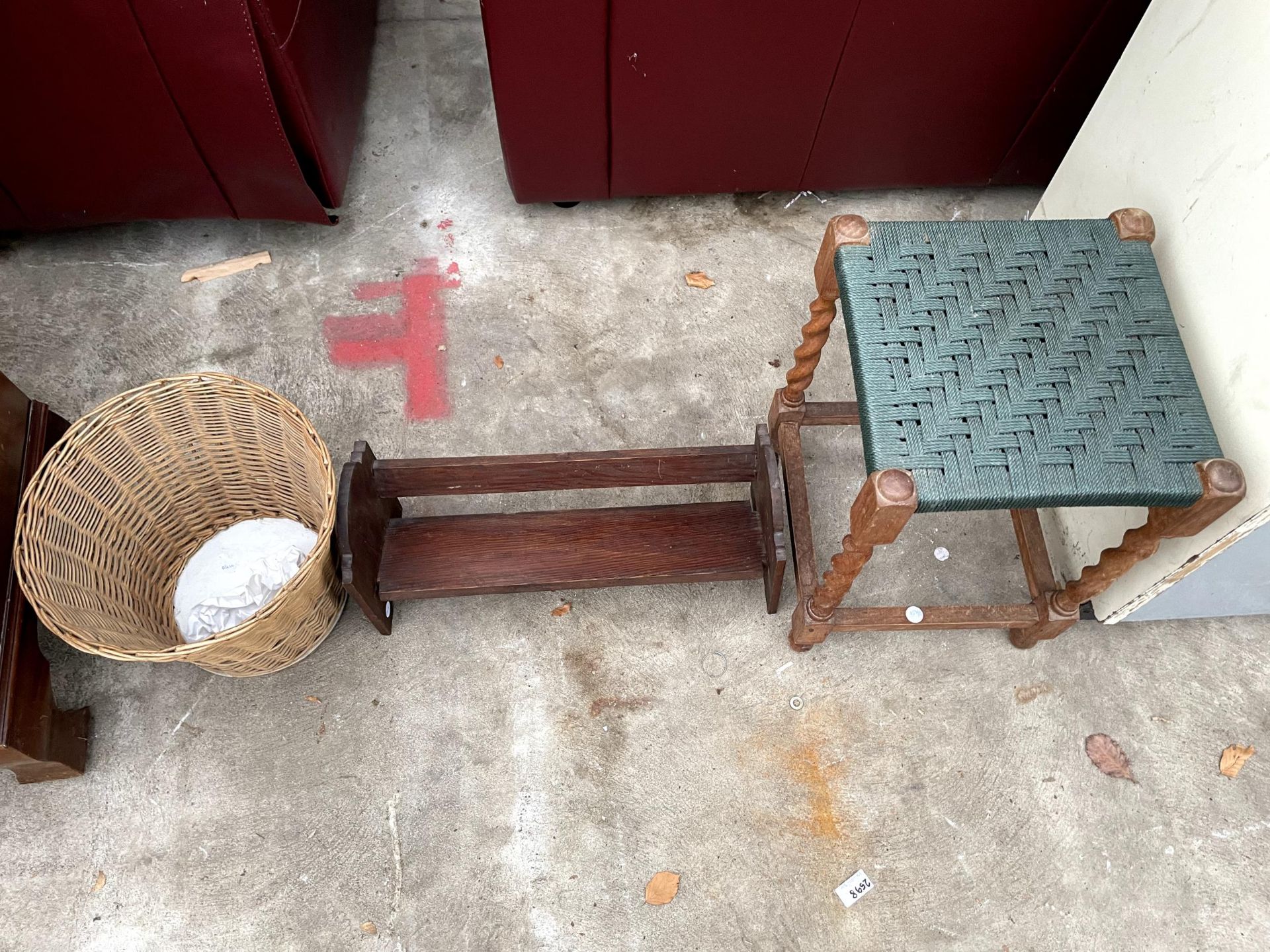 A 1950'S KITCHEN UNIT 16" WIDE, BARLEY TWIST STOOL, OAK BOOK TROUGH AND A WICKER PAPER BASKET - Image 2 of 3