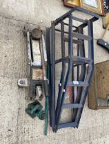 A PAIR OF METAL CAR RAMPS, A TROLLEY JACK AND A BOTTLE JACK