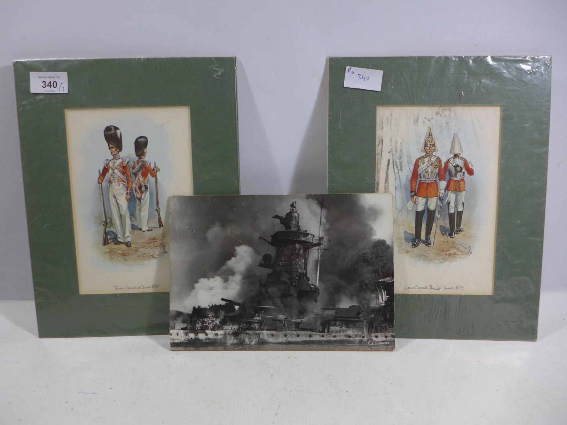 TWO MOUNTED COLOURED PRINTS OF LIFEGUARDS AND THE GRENADIER GUARDS, AND A BLACK AND WHITE PHOTO OF