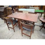 A RETRO TEAK GATE LEG DINING TABLE, 57" X 32.5" OPEN (7.5" CLOSED), AND FOUR CHAIRS