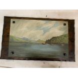 AN OIL ON BOARD OF BOATS ON A LAKE MOUNTED ONTO A MAHOGANY BOARD, 77CM X 45CM