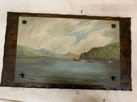 AN OIL ON BOARD OF BOATS ON A LAKE MOUNTED ONTO A MAHOGANY BOARD, 77CM X 45CM