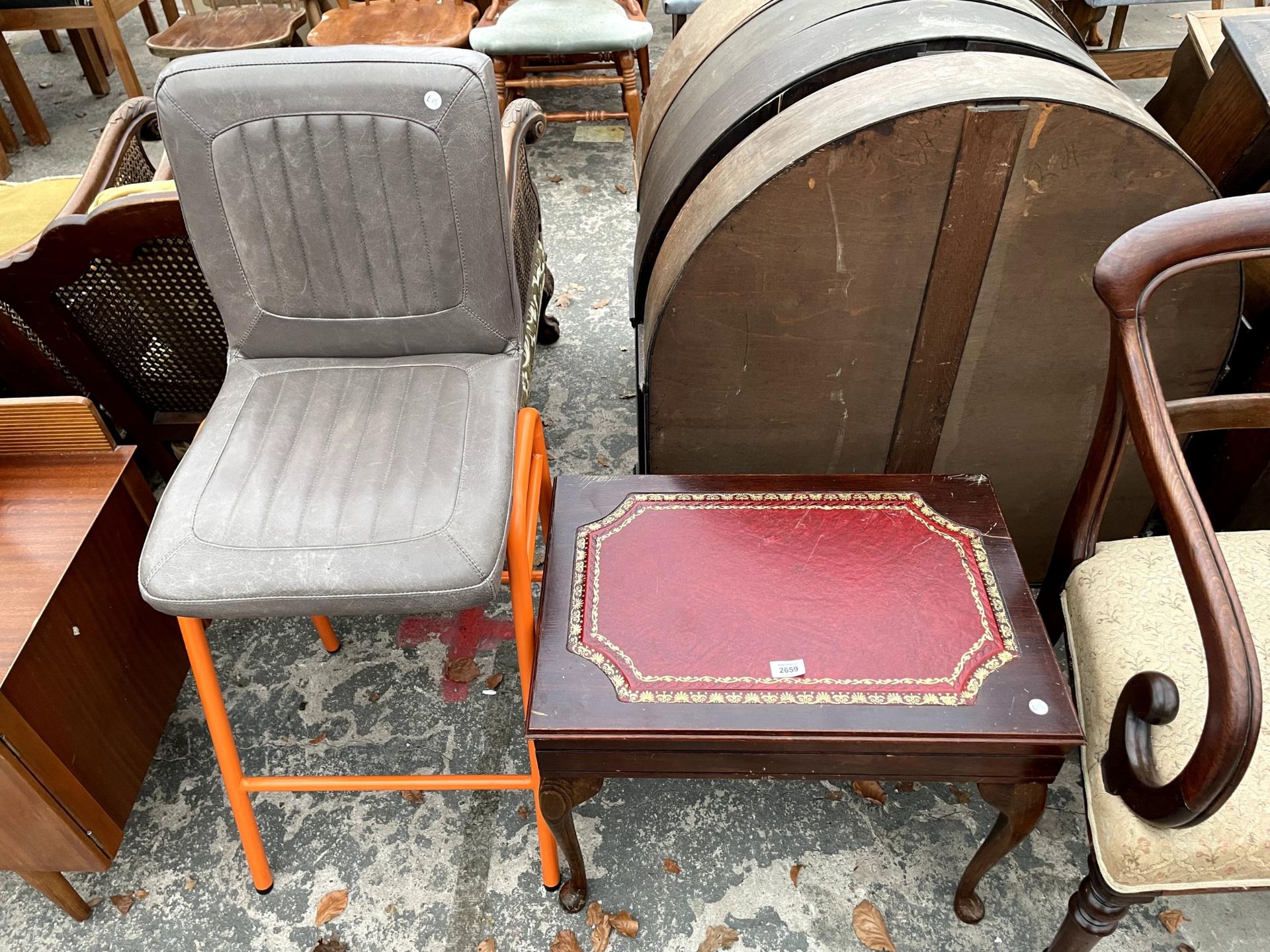 A CUTLERY CANTEEN ON CABRIOLE LEGS AND A HIGH STOOL ON A BRIGHT ORANGE FRAME