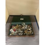 A SPANISH LEATHER BOX CONTAINING A QUANTITY OF COSTUME JEWELLERY VINTAGE AND MODERN EARRINGS
