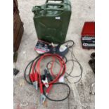 AN AS NEW JERRY CAN, A SET OF JUMP LEADS AND A 12V AIR COMPRESER ETC