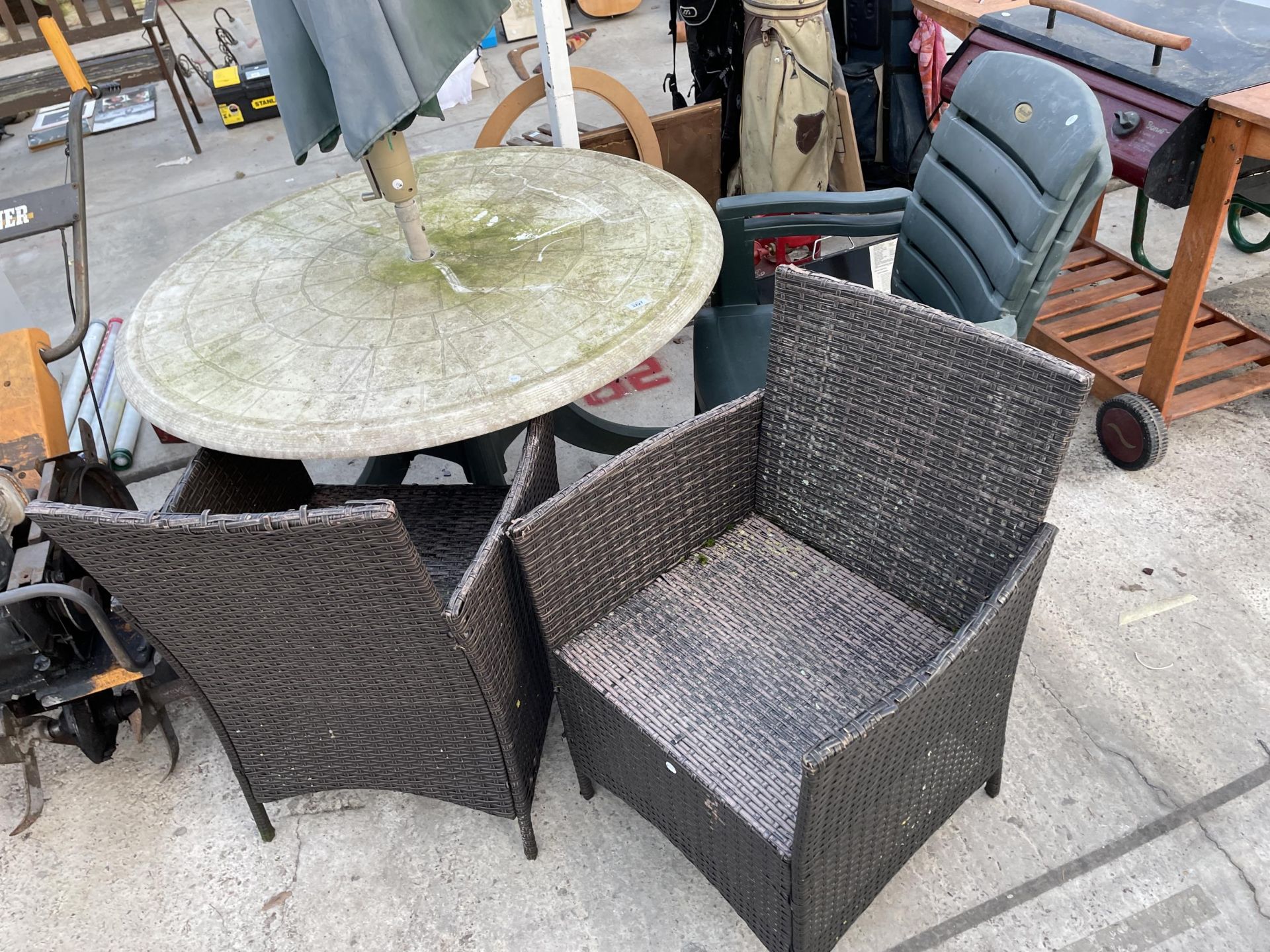AN ASSORTMENT OF GARDEN FURNITURE TO INCLUDE TWO RATTAN CHAIRS, A TABLE AND PARASOL ETC - Image 2 of 3