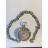 A MARKED FINE SILVER POCKET WATCH WITH DECORATIVE FACE AND A CHAIN