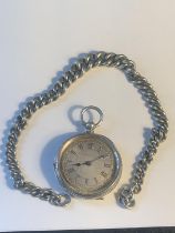 A MARKED FINE SILVER POCKET WATCH WITH DECORATIVE FACE AND A CHAIN