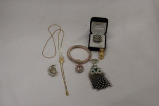 A QUANTITY OF OWL RELATED COSTUME JEWELLERY TO INCLUDE A BOXED RING, BROOCH, NECKLACE, PENDANT, ETC