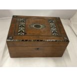 A VINTAGE INLAID MOTHER OF PEARL JEWELLERY/SEWING BOX WITH INNER TRAY
