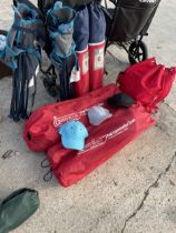 AN ASSORTMENT OF VARIOUS FOLDING CAMPING CHAIRS AND A COLLECTION OF BASEBALL CAPS