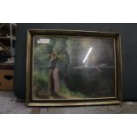 A FRAMED PRINT OF VINTAGE BOATING SCENE ON A LAKE WITH A LADY LOOKING ON, 71CM X 55CM